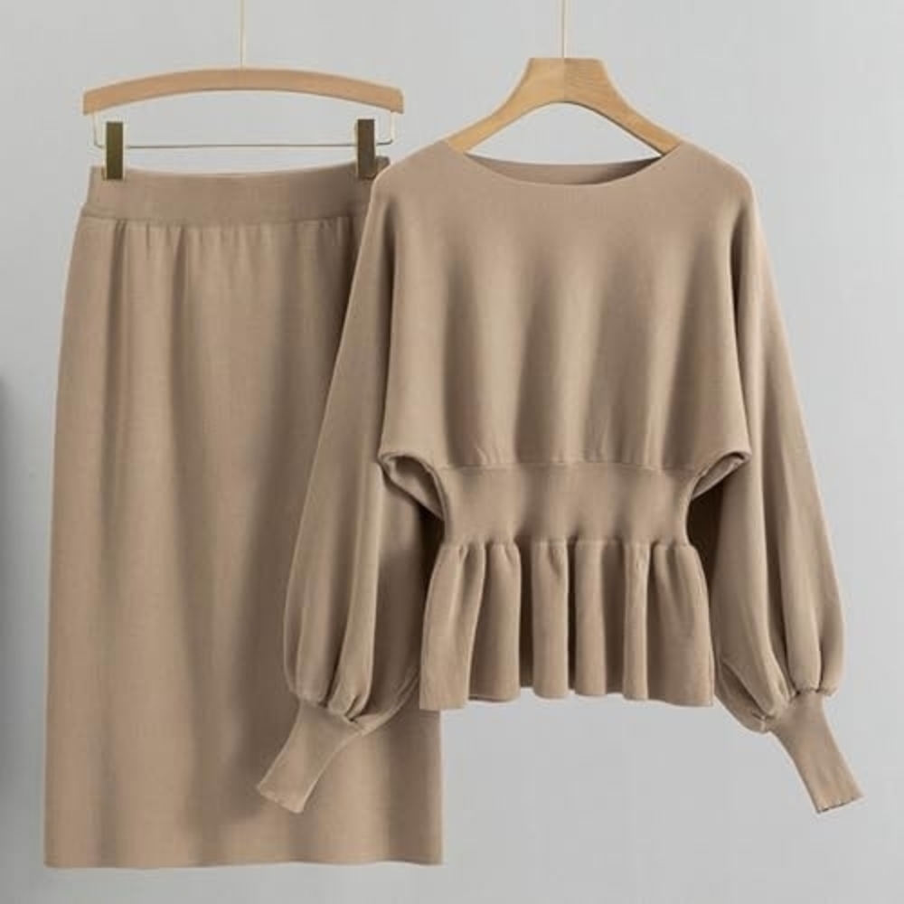 Beige Women's Blouse & Skirt Knit Set